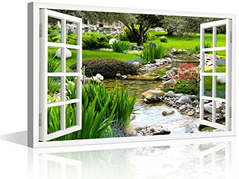 Canvas Nature Art Window View Decor for Home Clear Spring and Green Grass Out of The Open Window Creative Wall Hanging Prints for Office Home Kitchen Decorations Framed Ready to Hang (18W x 12H) | Open window nature art print, 18x12in 1-Panel framed for office desk wall or home workspace