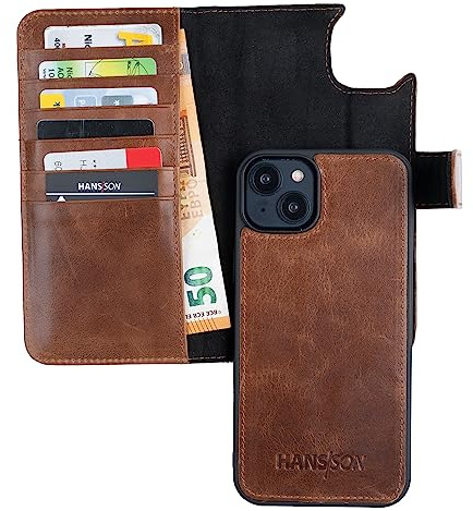 HANS/SON Echt-Leder-Handyhülle für iPhone 14 – Schmale 2 in 1 Klapphülle mit Kreditkartenetui, Magsafe kompatibel, perfekte Passform, stoßfest, Standfunktion, 6,1 Zoll – Cognac