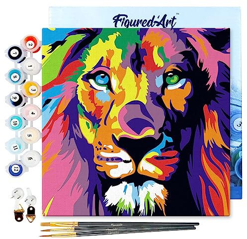 Figured'Art Mini Peinture par Numéro Adulte 20x20cm avec cadre Lion Pop Art - Petit Format Kit de Loisir Créatif DIY Numéro d'Art Complet