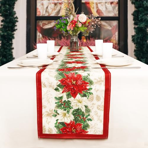 BHGT 33x183cm Tischläufer Weihnachten Jute Weihnachtsstern Blumen Rot Weihnachtstischläufer Tischdeko Weihnachtsdeko Tisch Tischband