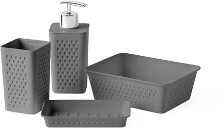 TATAY Set of 4pcs Bathroom Accessories (Tumbler + Soap Dispenser + Soap Dish + Organiser A6) Bohol, Polypropylene, BPA Free, 100% Recycled Plastic, Anthracite Grey