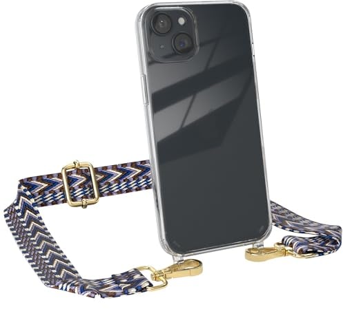 EAZY CASE - Handykette mit verstellbarem Trageriemen für iPhone 15 Plus - Taschengurt zum Wechseln mit transparenter Handyhülle für iPhone 15 Plus Hülle dünner Schulterriemen in Blau Weiß Gold