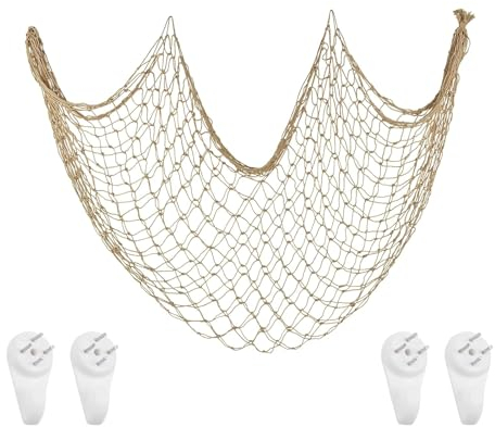 VIDSTW 100cm x 200cm Fischernetz Wand Dekoration, Fischernetz Deko Kommt mit 4 Mittelgroßen Nahtlosen Mediterraner Stil Hängendes Fotonetz für Strandpartys Hochzeiten Fotografie (Hanffarbener)