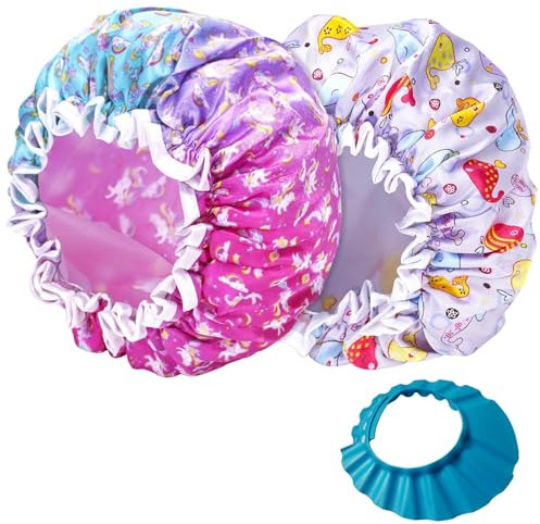 AYNKH 2PCS Kids Shower Caps,Unicorn Dolphin Elastic Bath Cap for Kids,Reusable Double Layer Childs Waterproof Shower Hat for Girls/Boys
