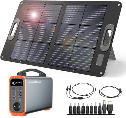 JustNow Estación de energía portátil de 240 W/240 Wh con panel solar plegable de 60 W, batería LiFePo4, almacenamiento de corriente móvil con salida AC/DC/USB, generador solar para camping, caravanas,