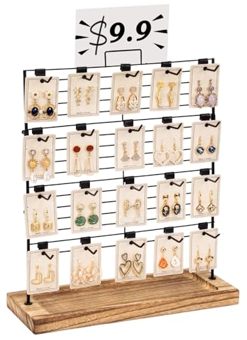 Emfogoo Schmuckständer, Ohrring Aufbewahrung, 4 Tier Ohrringständer mit 20 Abnehmbaren Haken, Ohrring Organizer mit Holz Base für Ohrringkarten, Armbänder, Schlüsselanhänger(Rustikal Braun)