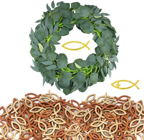 57PCS Kommunion Dekoration Set Fisch Taufe Deko Junge Mädchen + Holz Fische Streudeko + Grün Blätter Girlande für Tischdeko Konfirmation Streudeko Taufe Deko