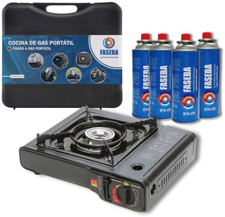 Hornillo de camping portátil y 4 cartuchos de gas butano BTN 250. Cocina de gas homologada, ideal para camping y uso en exteriores.