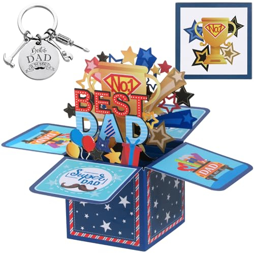 BOFUNX Pop Up Karte Vatertag mit Schlüsselanhänger Vatertagsgeschenk 3D Vatertagskarte - Best Dad Super Dad Grußkarte Glückwunschkarte für Vatertag Papa Geburtstag