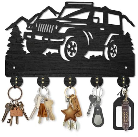 MAYJOYDIY Porte-manteau mural en bois de montagne forestière, 30 × 20 cm, noir pour clés, décoration murale avec 5 crochets en alliage pour cadeau, couloir, entrée, cuisine