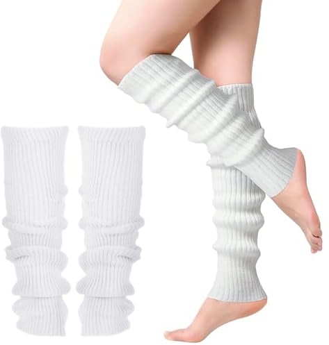 MUNSKT 1 pair of Leg Warmer for Women Girls, Black or white Soft Winter Knit Socks Athletic Stretch Knee High Women's Leg Warmer, 80/90s Party Neon Ballet Dance, Ice Skating Accessories (White 1)