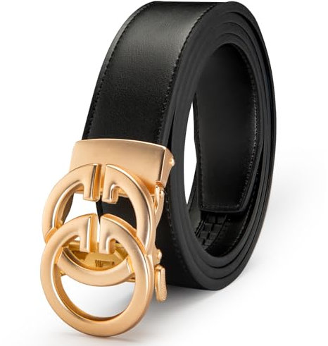 JEKIXHUA Herren-Ledergürtel mit Ratsche und luxuriöser Designer-Schnalle, verstellbarer Kleidergürtel für perfekte Passform, Gold-1, 26 to 45 Waist Adjustable