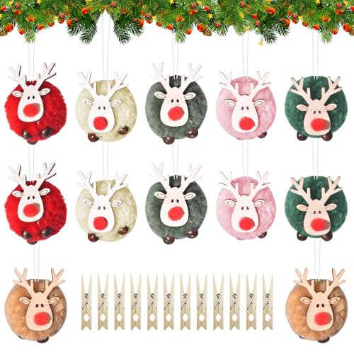 12 Colgantes para Árbol de Navidad - Decoración de Alce, Reno y Madera - Adornos Navideños