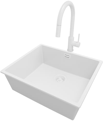 PRIMAGRAN Granitspüle ab 60er Unterschrank + Küchenarmatur, 56x47cm | Set: Küchenarmatur BW9010 + Ablauf-Set (Siphon, Ablaufgarnitur, Überlauf) + Spülbecken 1 Becken - London Slim, Alles Weiß