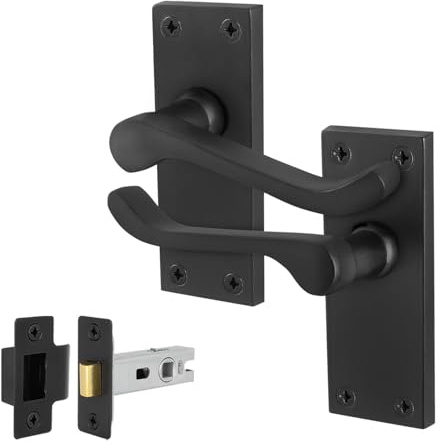 EAI Matt Black Door Handles with Latch 64mm - Victorian Scroll