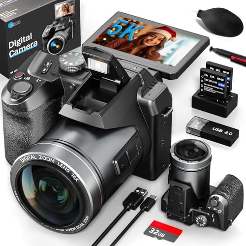 NBD 64MP Digital Camera for Photography Autofocus, 5K vlogging Camera for YouTube,16X Anti-Shake Compact Travel Camera with WiFi & App Control, Flash,SD Card, 2 Batteries (Black)