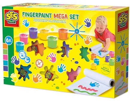 SES Creative 00393 Fingerfarben Mega Set 6 Farben x 110ml - Inklusive 2 Meter Langer Papierrolle - Für Kinder Ab 2 Jahren