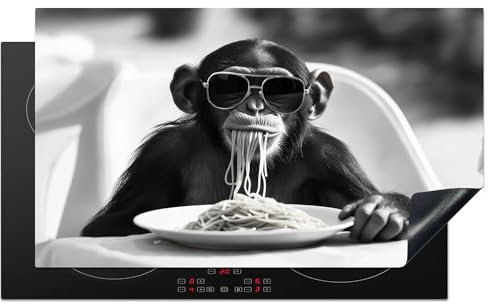 KitchenYeah© Herdabdeckplatte Einteilig 91.6x52.7 cm Küche Ceranfeld Abdeckplatte Cerankochfeld Abdeckung Induktionskochfeld Schutzmatte Affe - Spaghetti - Sonnenbrille - Schwarz Weiß - Tier