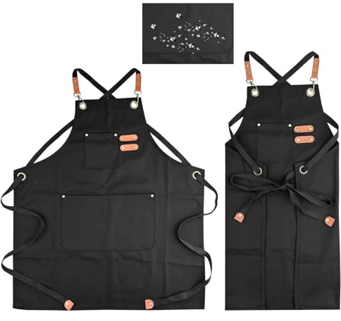 Comzantor Delantal Cocina, Impermeable Delantales de Lona, Mandil Cocinero Unisex, Ajustable Mandiles con 3 Bolsillos, Delantal Trabajo, Canvas Apron, para Barbacoa, Jardinería, Pintura (Negro)