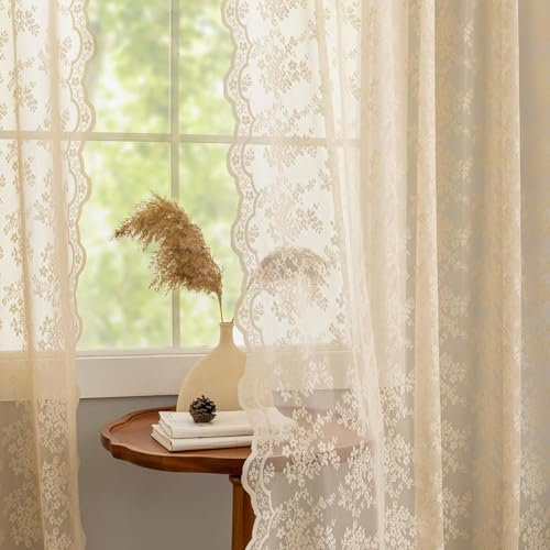 Beige 80 inch Long Curtains for Closet Without Door Vintage Lace Sheer Curtains for Living Room Hallway Light Filtering Retro Floral Pattern Closet Door Covering Ideas Pair W52 X L80 Light Beige