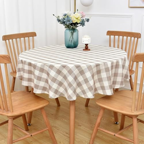 Yofori Gingham Round Tablecloth, 53 inch, Beige | Diameter 135 cm, Cotton Blend Checkered Circular Table Cloth, Round Table Cover for Kitchen Dining Outdoor Picnics