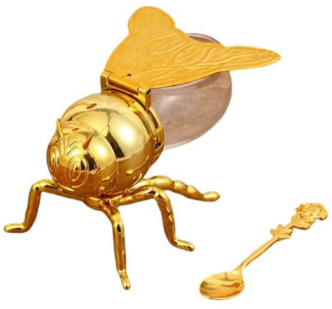 ASIAD Bee Shape Honey Pot, Exquisite Decorative Honey Jar Honey Dispenser Spices Syrups Tea Leaves Kitchen Spice Jar,Gold