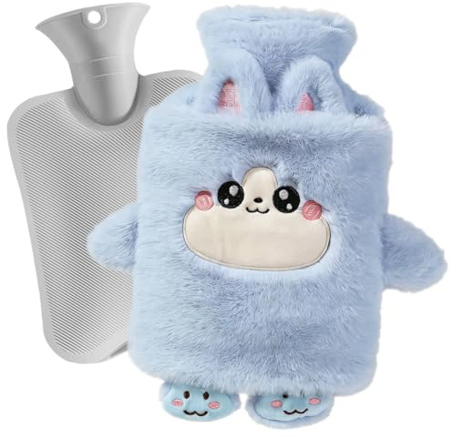 Hot Water Bottle, 1L Hot Water Bottle with Soft Plush Cover, Cute Hot Water Bottles, Super Soft Fluffy Cartoon Cover, Removable for Cleaning, for Kids, Adults and Teens