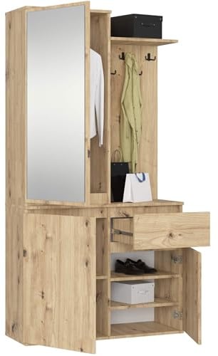 AKORD Garderoben-Set ENTRO Schwarz 95 cm - Kompaktgarderobe Schmaler Flur - 3 Türen, 1 Schublade - 7 Regalböden - Flurgarderoben Set Modern - Flur Möbel Set, Industrial Stil - Artisan-Eiche