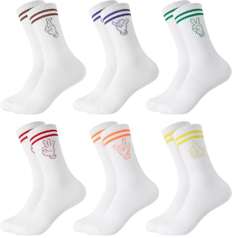 6 Paar Tennissocken Herren & Damen 38-42 Weiße Socken mit Handzeichen | Bunt Streifen Sportsocken Strümpfe Crew Socks für Tennis Sport, Lustige Geschenke für Frauen Männer Jungen Teenager