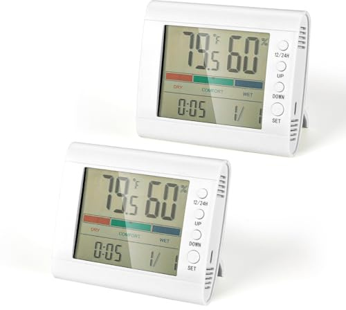 Romon Thermo-Hygrometer Innen, 2 Stücke Thermometer Hygrometer mit Aufhängen/Ständeroptionen, LCD Display Luftfeuchtigkeitsmessgerät mit Uhr, für Schlafzimmer, Wohnzimmer & Büro, Weiß
