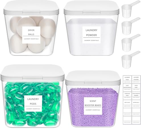 Lifewit Rangement Lessive Liquide en Capsules avec étiquettes et Cuillères, Récipient pour Poudre à Lessive avec Couvercle à Pression, Boîtes et Flacons de Salle de Bain, 2700 ml ×3+4500 ml, 4 Pièces
