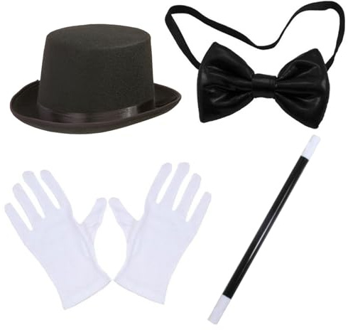 Hilai 4Pcs/Set Costume de Magicien Kit de Magicien d'halloween avec Chapeau Haut, Baguette, Gants et Noeud Papillon Costume Adulte pour Fêtes, Cosplay et Événements à Thème