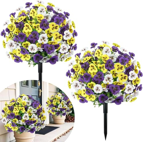 Fairblo 2er Set Künstliche Blumen Outdoor 60 cm Künstliche Buchsbaum mit Erdspieß Stiefmütterchen Buchsbaumkugel Wetterfest Kunstblumen Frühling Deko Künstliche Pflanzen für Draußen Balkon Garten