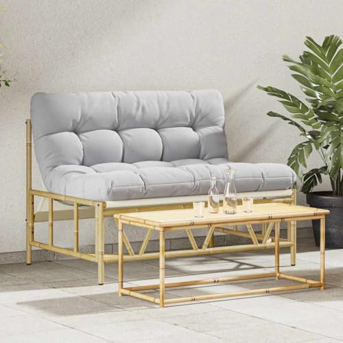 ULUYYUC Banc de jardin gris clair 110 x 75 x 71 cm en acier avec finition bambou - Meuble d'extérieur moderne avec coussin d'assise - Robuste et durable - Pour jardin, terrasse et balcon