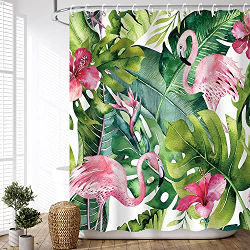 LIVILAN Rideau de douche tropical, rideau de douche vert, rideau de douche flamant rose pour salle de bain, ensemble de rideau de douche botanique avec 12 crochets, décoration de salle de bain