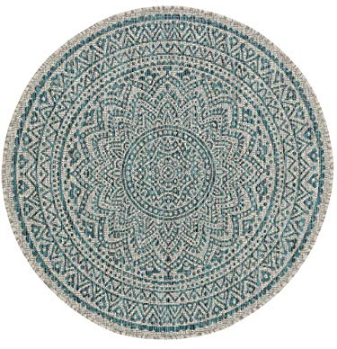 benuta Nest Teppich Cleo - Beige/Blau 120 cm Rund - Kunstfaser - Outdoor geeignet - Rund & im Style: Geometrisch, Zickzack, Boho-Style - Pflegeleicht für Wohnzimmer Schlafzimmer