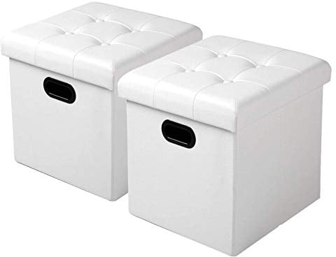 WOLTU 2er Set Sitzhocker Sitzwürfel Fußhocker mit Stauraum Aufbewahrungsbox Truhen faltbar, Deckel abnehmbar, mit Griffe, Gepolsterte Sitzfläche aus Kunstleder, 37,5 * 37,5 * 38CM, Weiß