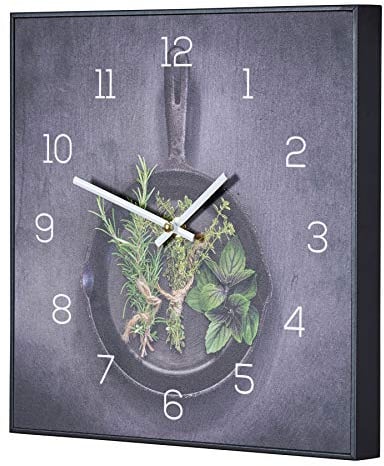 levandeo Wanduhr 30x30cm Uhr PVC Rahmen Schwarz Gewürze Küche Kräuter Pfanne Kräuterpfanne Wanddeko Küchenuhr