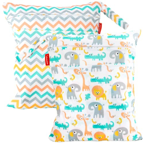 HOMYBABY® Bolsa Impermeable de Tela [2pcs] - Organizador de pañales o Ropa guardería y Colegio - Neceser Viaje, Playa, Piscina, Deporte - Bolsa pañales de Tela para Bebe - Bolsa merienda (Set A, L)