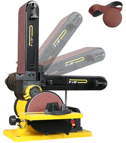Woodskil Professioneller 4,3 A Bandschleifer, 10,2 x 91,4 cm Band & 6 Zoll Scheibenschleifer mit 3/4 PS geräuscharmem Induktionsmotor, doppelter Staubabgasanschluss, Stahlbasis, 2 Stück Schleifpapier