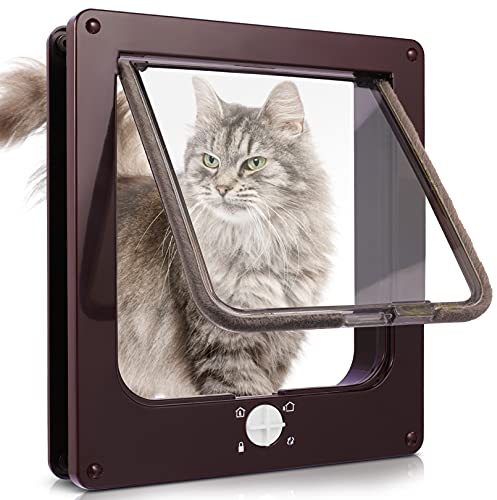 Sailnovo Katzenklappe Hundeklappe 4 Wege für Katzen und Kleine Hunde, Installieren Leicht, Cat Flap Klappe Hundetür Katzentür Haustierklappe 23.5 * 27 * 5,5 cm Braun