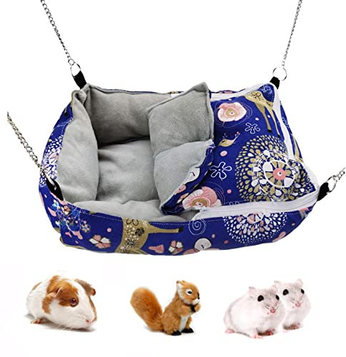 Little Bean Rat Hammocks Hanging Guinea Pig Bed Soft Hamster Bed Warm Chinchilla House Plush Glider Small Animal Beds for Playing Sleeping (Blue, 2 in 1)