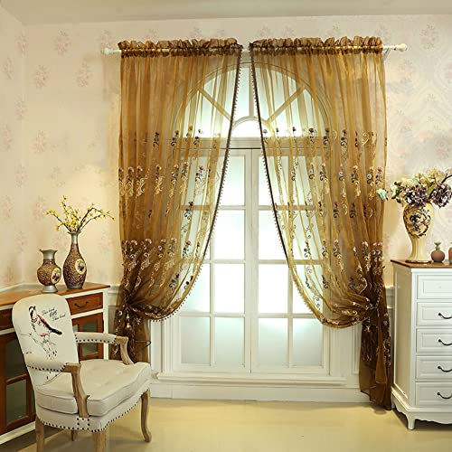 Lsimeru Retro Vorhänge Transparent Braun Vintage Barock Muster 2er Set Voile Luxus Gardinen Durchsichtig Stickerei Blumen Fensterschal Dekoschal mit Stangedurchzug 140x245