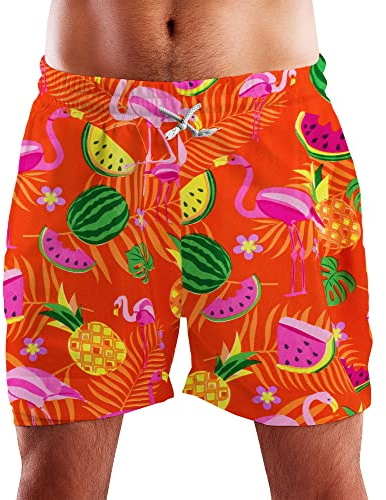 King Kameha Funky Hawaiian Board-Short de bain pour homme Doublure en maille Fermeture à cordon de serrage Style décontracté Motif flamant rose et fleurs, Short Flamingo Melon Orange, L