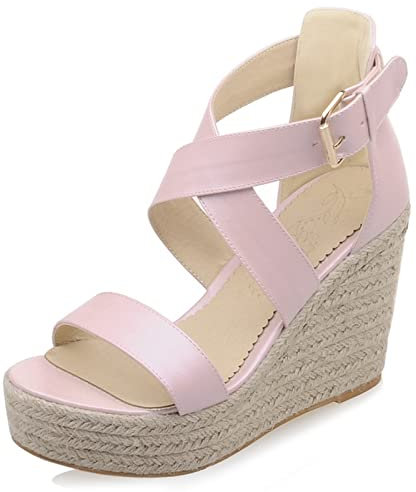 MJIASIAWA Compensées Espadrilles Femmes Boucle Strap Plateforme Sandales Bout Ouvert Confort Talons Hauts Décontractée Eté Mode Rose Taille 38 EU/39 Asiatique