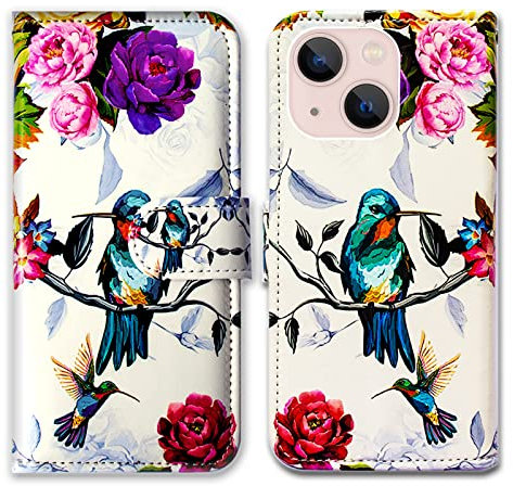 Bcov iPhone 14 Case, Hummingbird In Flowers Bird Leather Flip Phone Case Wallet Cover with Card Slot Holder Kickstand For iPhone 14