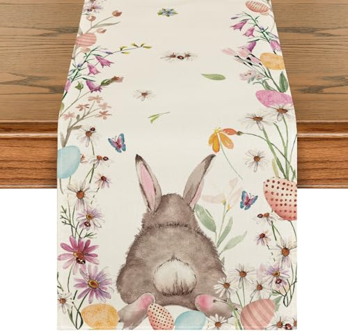 Artoid Mode Blume Hase Osterei Ostern Tischläufer, Waschbar Modern Frühling Küche Esstisch Dekoration für drinnen und draußen Urlaub Party Wohnzimmer Dekor 40 x 100 cm
