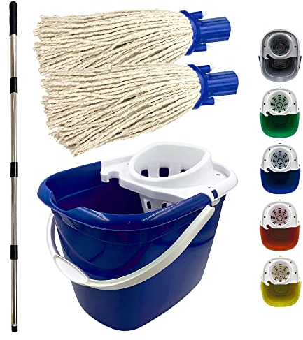 Floor Mop and Bucket Set - 2PC Mops for Cleaning Floors with Bucket, Pure Yarn Mop Heads and Heavy-Duty Mop Bucket, Industrial Mop and Bucket for Domestic and Commercial Use (Blue)