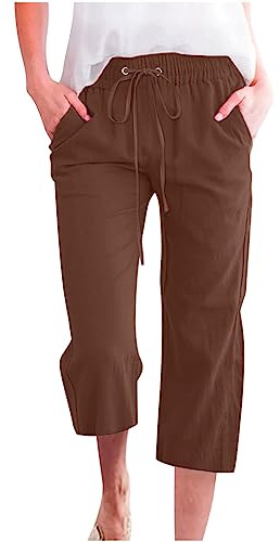 oglccg Womens Capris Trousers 3/4 Pants Cotton Linen Elastic High Waist Cropped Pants Drawstring Summer Autumn Solid Color Pockets Loose Pants Straight Wide Leg Trousers Outdoor, #04 Brown, 4XL
