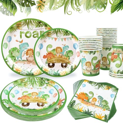 Dinosaurios Vajilla Desechable Infantil, 96pcs Kit Vajilla Cumpleaños Dinosaurios Verde con Platos Tazas Servilletas, Decoración Cumpleaños Platos Desechable para Fiesta Temática Dino, Baby Shower